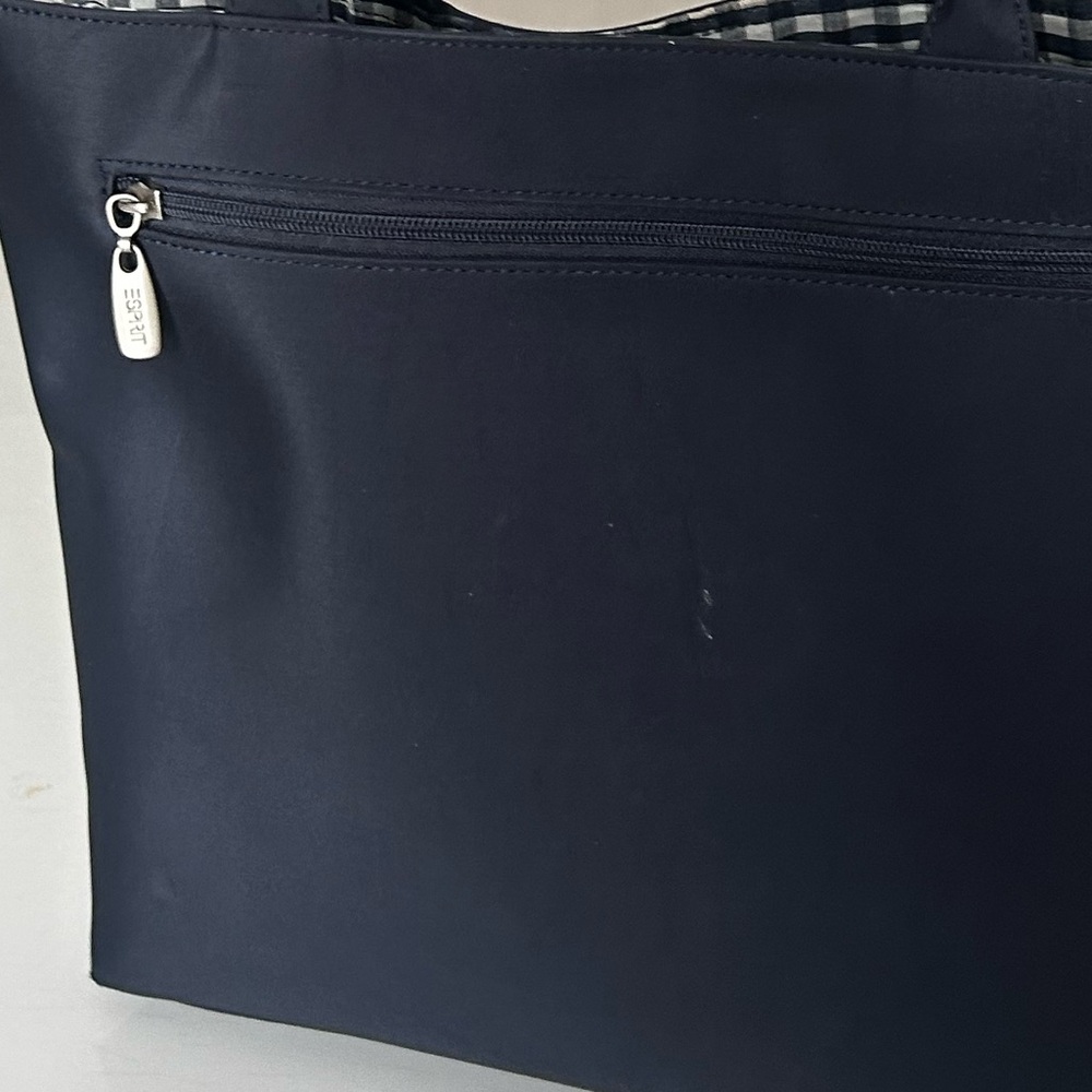 Y2K Esprit Dark Blue Gingham Nylon Tote Bag - Picture 6 of 6